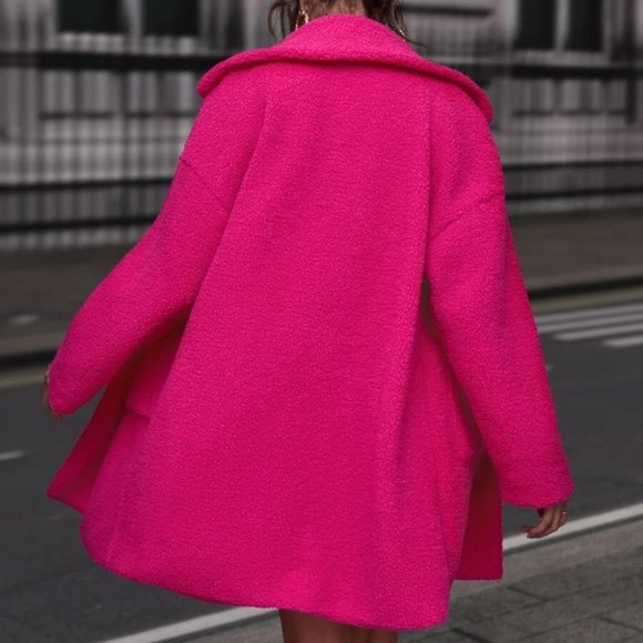 Pocketed  Lapel Neckline faux fur Teddy Coat jacket Hot Pink - Picture 5 of 6